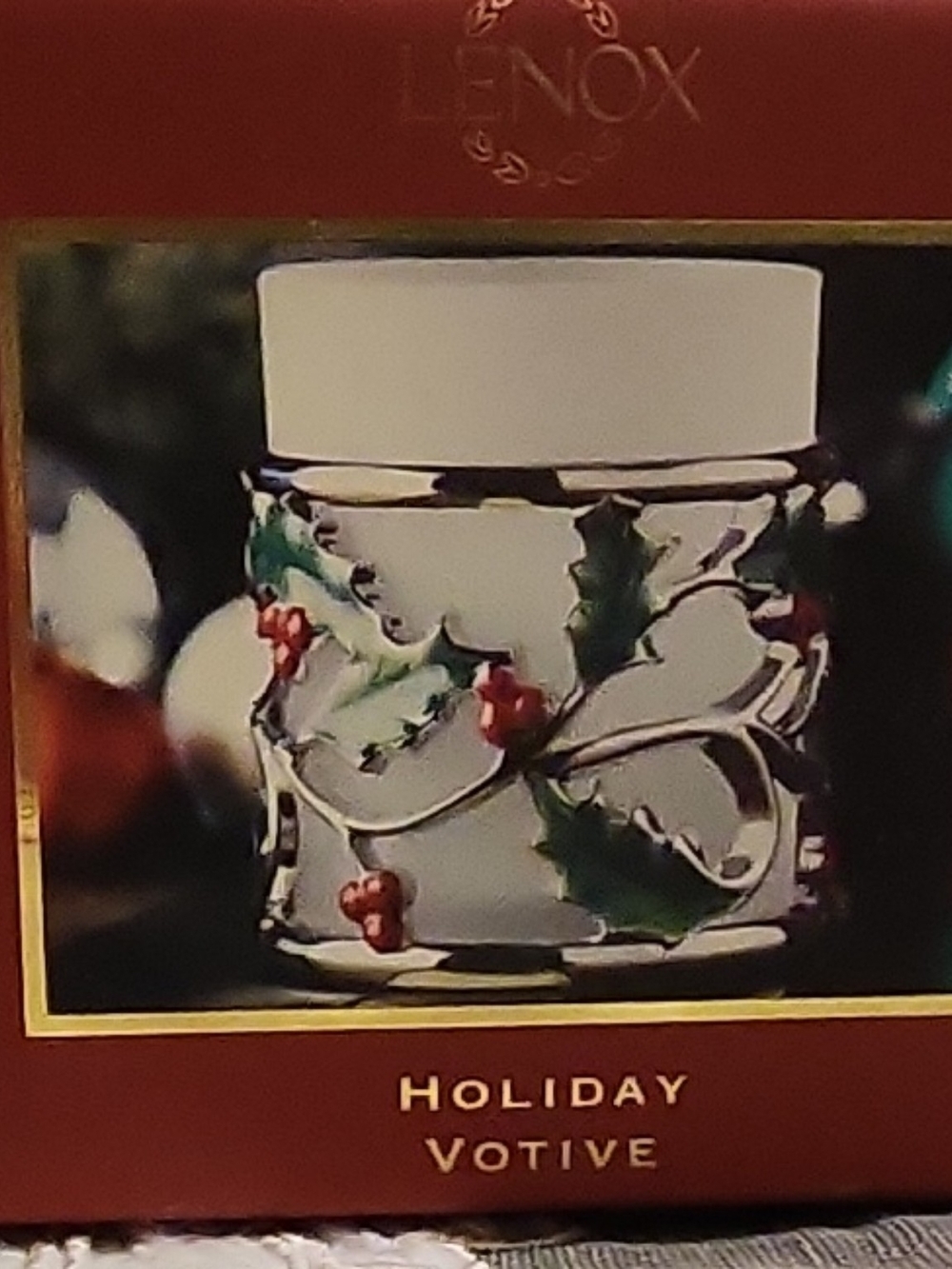 Lenox White Holiday Votive with Green Holly and Red Berries